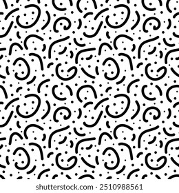 Squiggle Kids Seamless Pattern. Doodle Scribble Monochrome Background. Black and White Endless Backdrop.