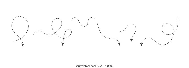 Squiggle line arrows. Set of dash arrows, moving down. Infographic elements. Vector illustration