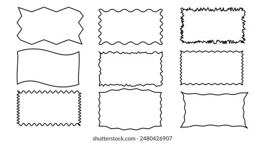 Squiggle line frames set. Jaggered edges, retro scallop frames, psychedelic rectangles, groovy shapes set 