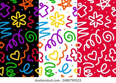 Squiggle line pattern with abstract color doodle and scribble shapes, vector background. Fun squiggle line seamless pattern with creative modern and artistic kids doodle art of heart, flower and stars