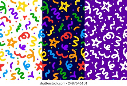 Squiggle line pattern, abstract color doodle and scribble shapes, vector background. Squiggle line seamless pattern with kids freehand artistic scribble art of curve lines, swirls and stars confetti