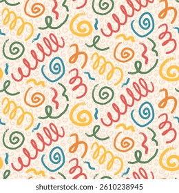 Squiggle loop confetti seamless pattern. Hand drawn kids party endless background. Fun crayon spirals and curved ribbons repeat cover. Surface pattern festive design. Vector birthday illustration.