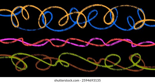 Squiggle Pencil Line Collection with Vibrant Colors. Thin doodle of abstract strokes in hand drawn style. Colorful smears with grungy charcoal texture