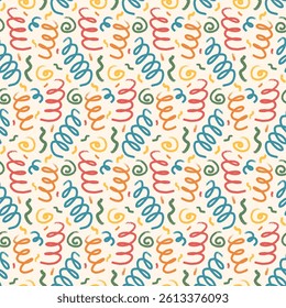 Squiggle playful confetti seamless pattern. Hand drawn kids party endless background. Fun crayon spirals and curved ribbons repeat cover. Surface pattern festive design. Vector birthday illustration.