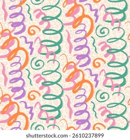 Squiggle scribble confetti seamless pattern. Hand drawn party endless background. Fun confetti crayon repeat cover. Surface pattern design anniversary motif. Vector hand drawn birthday illustration.