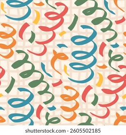 Squiggle scribble wobbly lines seamless pattern. Geometric party endless background. Fun doodle confetti repeat cover. Surface pattern design festive motif. Vector hand drawn illustration.