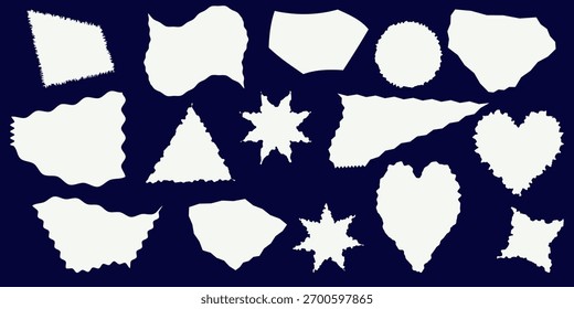 Formas de quadros de matérias rabiscadas definidas. Bordas irregulares, quadros de vieira retro, formas psicodélicas, conjunto de formas groovy