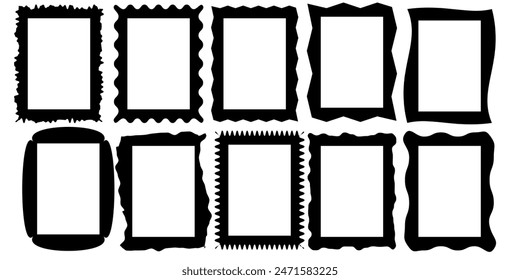 Squiggle stories frames set. Jaggered edges, retro scallop frames, psychedelic rectangles, photo frames, groovy shapes set 