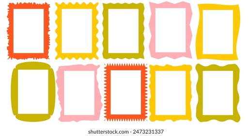 Squiggle stories frames set. Jaggered edges, retro scallop frames, psychedelic rectangles, photo frames, groovy shapes set 