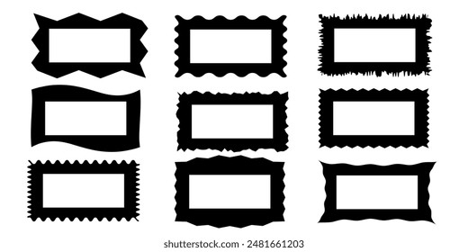 Squiggle Stories Frames gesetzt. Verzackte Kanten, Retro-Jakobsmuschelrahmen, psychedelische Rechtecke, Fotorahmen, groovige Formen 