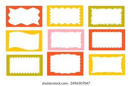 Squiggle stories frames set. Jaggered edges, retro scallop frames, psychedelic rectangles, photo frames, groovy shapes set 