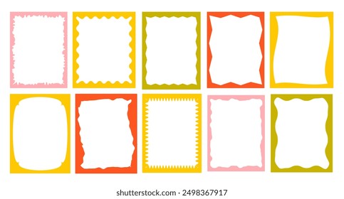 Squiggle stories frames set. Jaggered edges, retro scallop frames, psychedelic rectangles, photo frames, groovy shapes set 