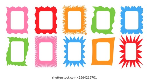 Squiggle stories frames set. Jaggered edges, retro scallop frames, psychedelic rectangles, photo frames, groovy shapes set 