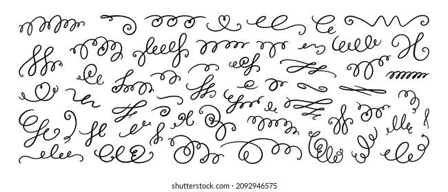 Amarramiento y líneas giratorias. Conjunto de giros caligráficos dibujados a mano. Ilustración vectorial en estilo doodle