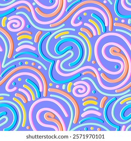 Squiggle, wavy line seamless pattern. Abstract 3d fluid graphic shapes geometric rainbow creative background. Vector illustration 