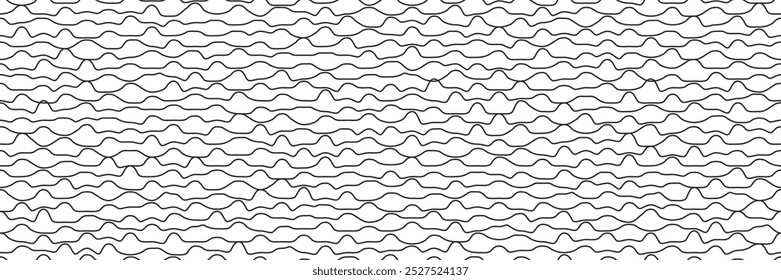 Squiggle wellige wellenförmige schwarze Linien auf weißem BG als nahtloses Muster. Horizontale, handgezeichnete, kurvige Streifen oder groovige Wellen. Einfache Vektorgrafik. Baby gefälschte Handschrift