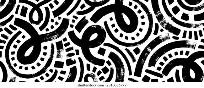 Squiggled bold lines with loops and dots seamless pattern. Abstract brush drawn curved lines ornament. Loops and small dots. Grunge vector basic shapes, curved thick strokes. Organic background.