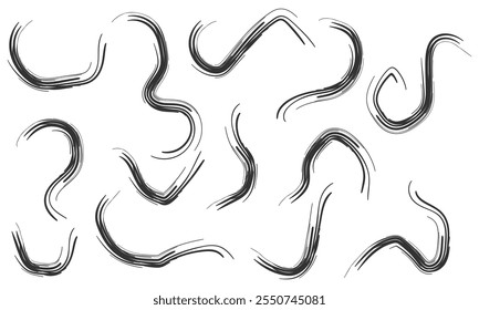 Squiggles with circles seamless pattern. Brush drawn bold curved lines, waves and swirls. Abstract geometric background with organic bold lines. Creative childish scribble backdrop, doodles.