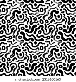 Squiggles and doodle lines seamless pattern. Bold brush curved smears background. Wavy bold lines with dots and circles. Trendy design with basic shapes. Creative ornament with grunge vector squiggles