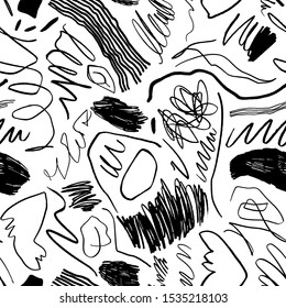 Squiggles and scrawls hand drawn seamless pattern. Chaotic shapes and curve lines doodle drawing. Ink pen freehand figures line art. Monochrome vector texture. Wrapping paper design