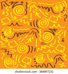 squiggles yellow and brown with an orange background