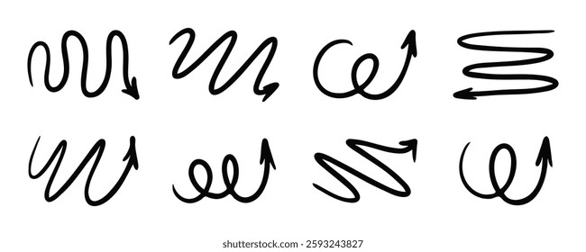 Squiggly arrow doodle set. Hand drawn vector line fun playful bounce icons, black jump thick motion design elements. Movement spiral symbol