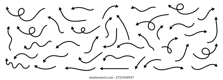Squiggly arrow set. Chalk elements in flat style. Doodle movement spiral arrows, scribble, lines. Hand drawn pencil brush for icon, children sketch. Vector illustration on white background