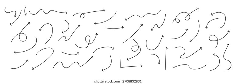 Squiggly arrows doodle set. Curve and Spiral comic symbols in sketch style. Hand drawn vector illustration isolated on white background
