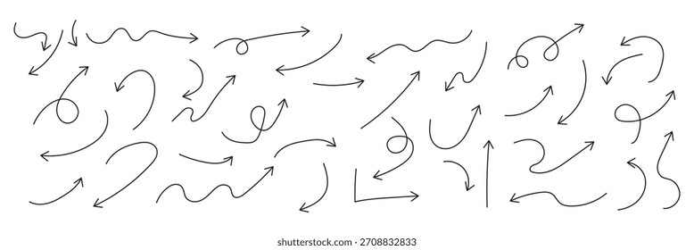 Conjunto de rabiscos de setas apertadas. Símbolos cômicos em curva e espiral em estilo de esboço. Ilustração de vetor desenhada à mão isolada no plano de fundo branco