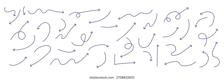 Conjunto de garabatos de flechas onduladas. Símbolos cómicos de curva y espiral en estilo de boceto. Ilustración vectorial dibujada a mano aislada sobre fondo blanco