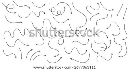 Squiggly arrows doodle set. Curve and Spiral comic symbols in sketch style. Hand drawn vector illustration isolated on white background