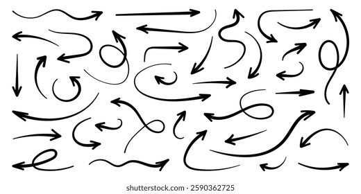 Squiggly black arrow set. Doodle movement spiral lines. Pencil brush arrows for icon, sketch, highlight. Hand drawn childish strokes, flat elements. Isolated vector illustration on white background.