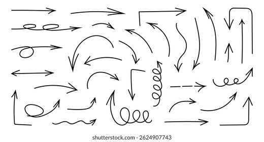 Conjunto de flechas negras onduladas. Doodle movimiento espiral líneas, Elementos planos. Flechas del pincel del lápiz para el icono, bosquejo, textura. Trazos infantiles dibujados a mano. Ilustración vectorial aislada sobre fondo blanco.