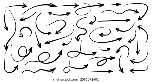 Squiggly black arrow set. Movement spiral lines, flat elements. Pencil brush arrows for icon, texture, sketch. Hand drawn childish doodle strokes. Isolated vector illustration on white background.