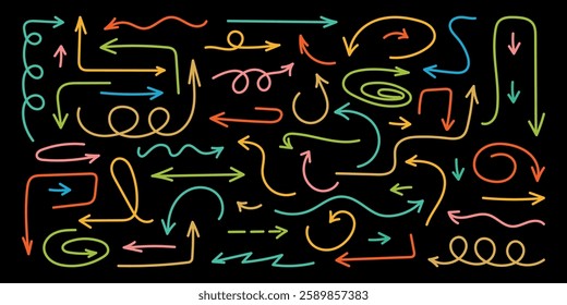 Squiggly color arrow set. Doodle movement spiral lines. Pencil brush arrows for icon, sketch, highlight. Hand drawn childish strokes, flat elements. Isolated vector illustration on black background.