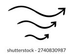 Squiggly curved arrows pointing up hand-drawn sketch graphic element set. Wiggly moving forward upward path. Doodle direction. Minimal black pointers. Ink freehand symbols. Scribble illustration