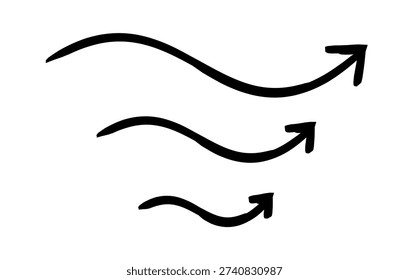 Squiggly curved arrows pointing up hand-drawn sketch graphic element set. Wiggly moving forward upward path. Doodle direction. Minimal black pointers. Ink freehand symbols. Scribble illustration