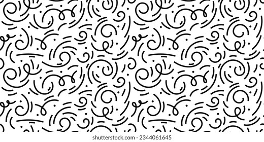 Squiggly doodle seamless background, tribal scribble repeat texture. Creative minimalist monochrome pattern in trendy style, vector illustration.
