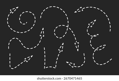 Squiggly dotted arrow doodle set. Hand drawn vector line fun playful bounce icons, jump thick motion design elements on black background. Movement symbol by pen, pencil or marker