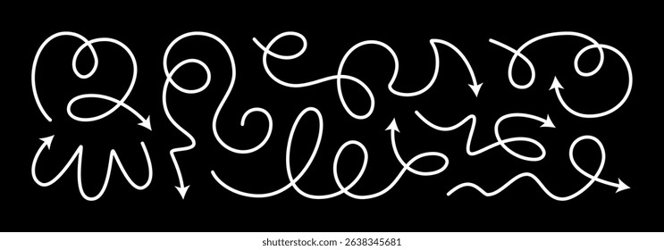 Squiggly dotted arrow, vector dashed curved line arow set. Rise and fall change plan, doodle shaped pointer map element. 3d dynamic curly direction loop scribble. Abstract long spiral waving chart