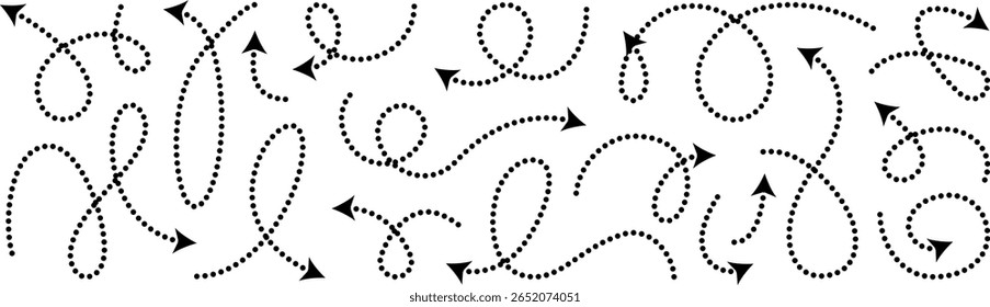 Squiggly dotted arrow, vector dashed curved line arow set. Rise and fall change plan, doodle shaped pointer map element. 3d dynamic curly direction loop scribble. Abstract long spiral waving chart