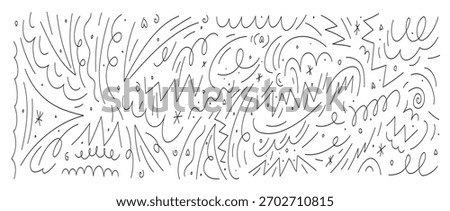 Squiggly lines in pencil, doodles, scribbles, brush squiggles, chalk patterns. Crayon curlicues, swirls in strokes, abstract designs. Flat vector illustrations isolated on white background