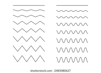 Líneas onduladas, onduladas, curvas y en zigzag. Doodle ondulado bordes, transversal Horizontal línea negra. Ilustración gráfica de contorno. Simple señal de luz, fluido, aire, viento. Agua, río, lago, mar, símbolo del océano.