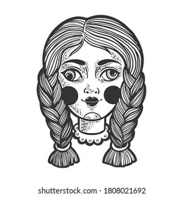 squint cockeyed puppet doll head sketch engraving vector illustration. T-shirt apparel print design. Scratch board imitation. Black and white hand drawn image.