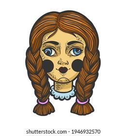 squint cockeyed puppet doll head color sketch engraving vector illustration. T-shirt apparel print design. Scratch board imitation. Black and white hand drawn image.
