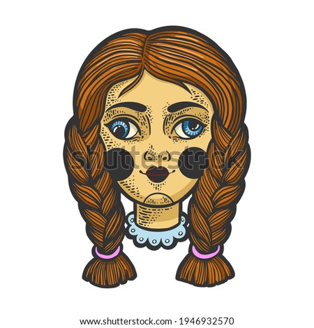 squint cockeyed puppet doll head color sketch engraving vector illustration. T-shirt apparel print design. Scratch board imitation. Black and white hand drawn image.