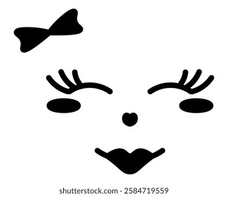 Squinting facial expression. Female face with pleased emotions. Sketch. Smile, blush, bow, eyelashes. Vector illustration. Outline on isolated white background. Doodle style. Cute grimace. 