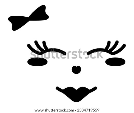 Squinting facial expression. Female face with pleased emotions. Sketch. Smile, blush, bow, eyelashes. Vector illustration. Outline on isolated white background. Doodle style. Cute grimace. 