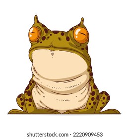 An Squinting Frog, isolated vector illustration. Cartoon picture of a calm toad sitting. Drawn animal sticker. Simple drawing of a horned frog on white background. An amphibian