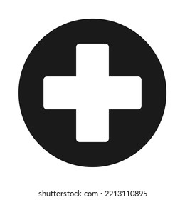 Squircle corner Swiss cross circle icon. A symbol made from arms of equal length with rounded corners. Isolated on a white background.